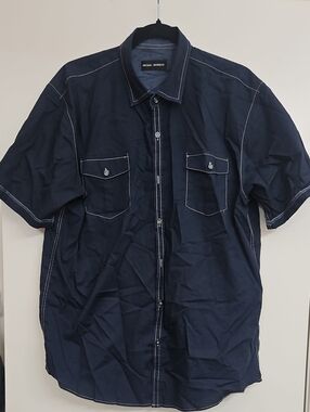 Michael Brandon Dark Navy Short-Sleeve Button-Down Shirt with Contrast Stitching